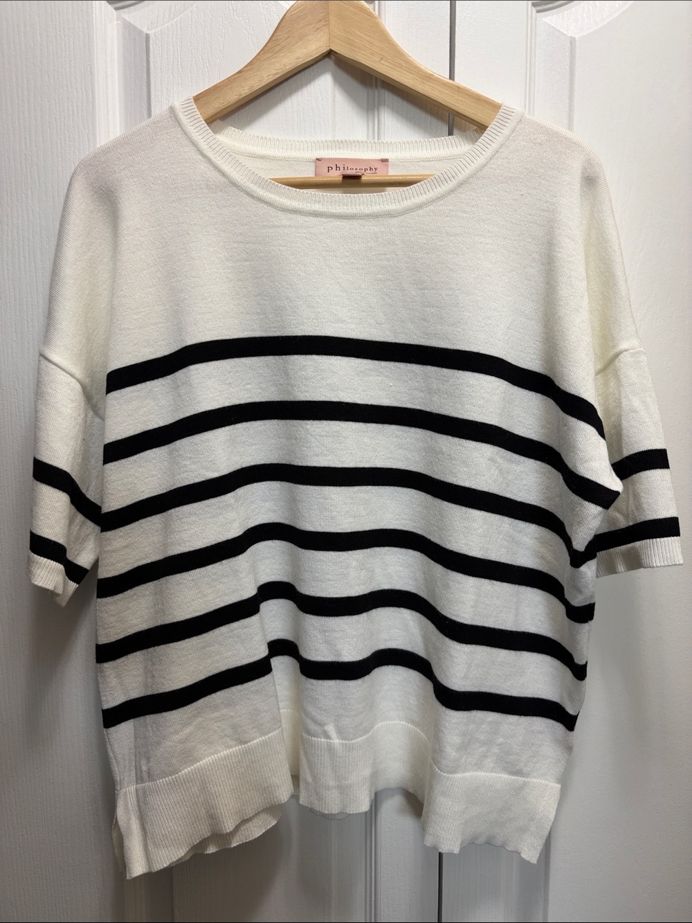 Philosophy White Crewneck Sweater with Black Stripes in XL
